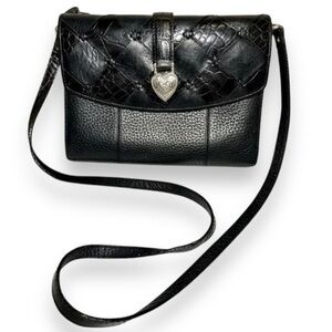 Brighton Small Crossbody Black Pebbled Leather Silver Heart Handbag